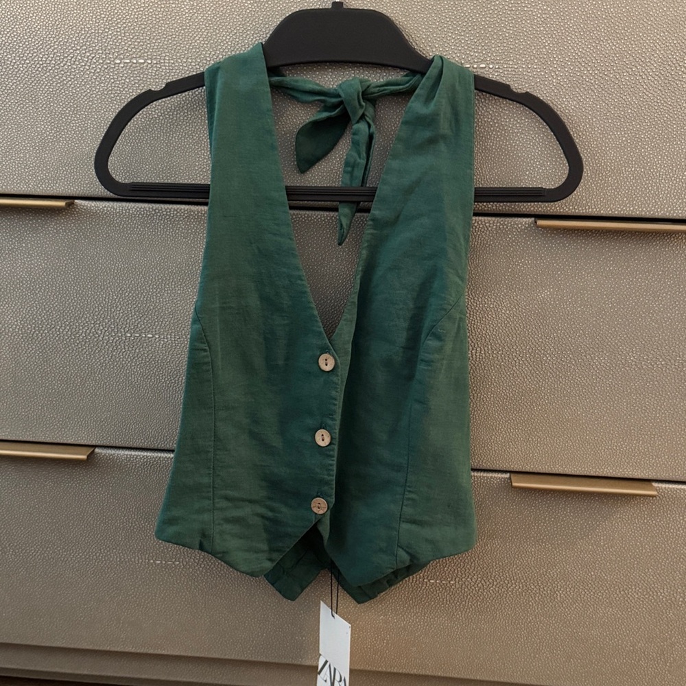 Zara Green Button-Down Tie-Back Vest Halter Top